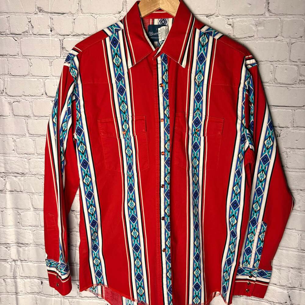 Vintage Wrangler Western Pearl Snap Aztec Southwestern Red Stripe Shirt